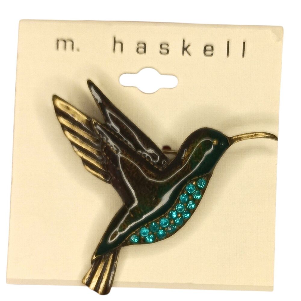Vintage Miriam Haskell Hummingbird Brooch Pin Enamel Green Blue Rhinestones
